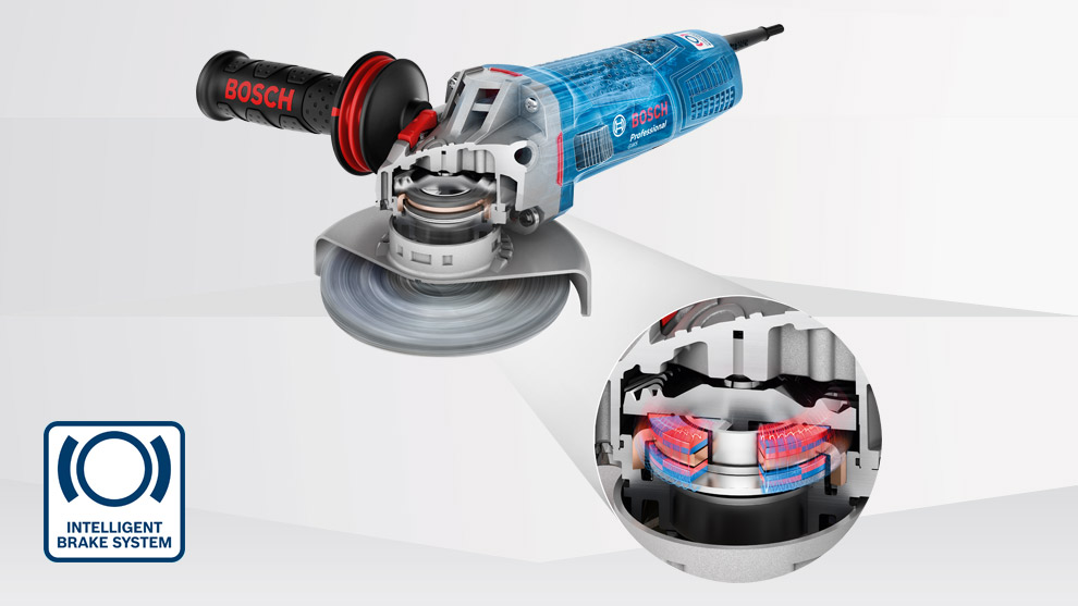 Intelligent Brake System Bosch Professional angle grinder with blue casing and red safety features, rotating blade.
