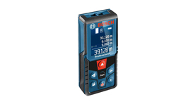 GLM 400 Professional  A blue Bosch Professional laser distance measurer on a white background, showing measurement display.