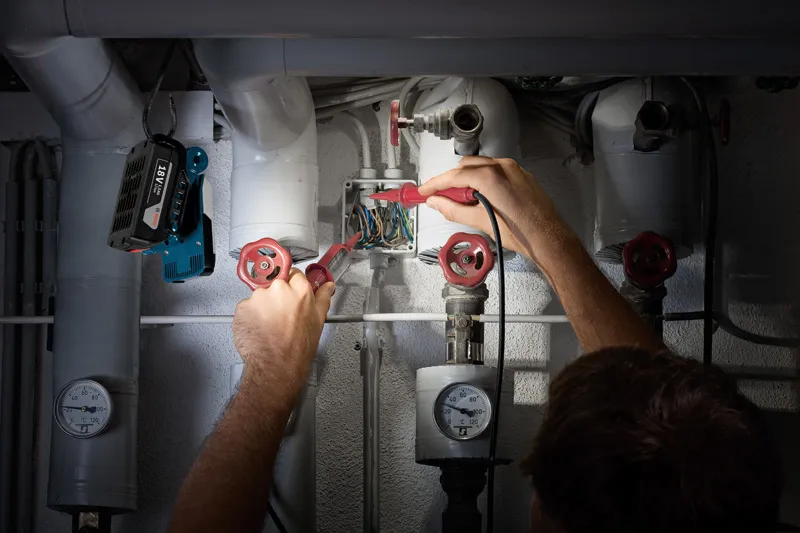 GLI VariLED Person checking electrical wires near pipes, cordless work light attached above.