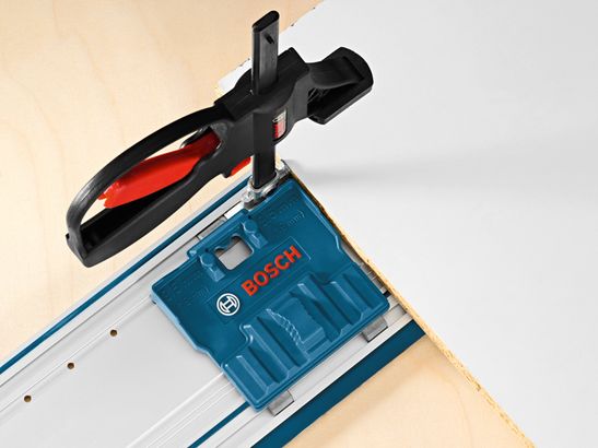 FSN OFA 32 KIT 800 Guide rail kit clamped to a panel for precise straight cutting.
