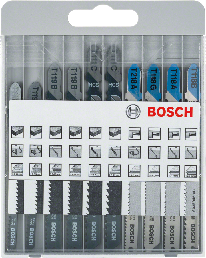 Bosch 10-piece jigsaw blade set for metal and wood.
