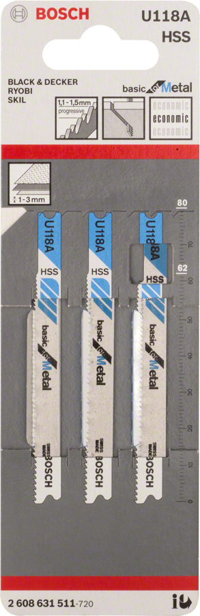 Bosch jigsaw blade set U 118 A HSS for metal cutting.