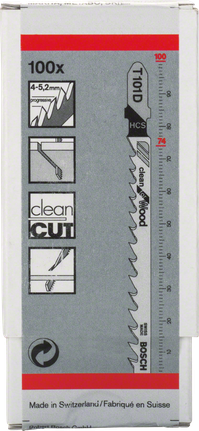 Bosch jigsaw blade T 101 D for clean wood cutting.