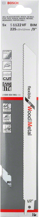 Bosch S1122VF reciprocating saw blade for wood and metal.