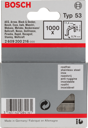 Type 53 fine wire staple, stainless Bosch Typ 53 stainless steel staples 11,4 mm.