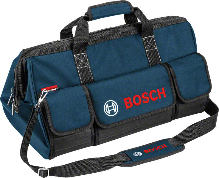 Bosch tool bag with shoulder strap and front pockets.