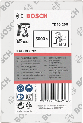 Bosch TK40 20G galvanized staples 18GA 1,2mm 5,000 pack.