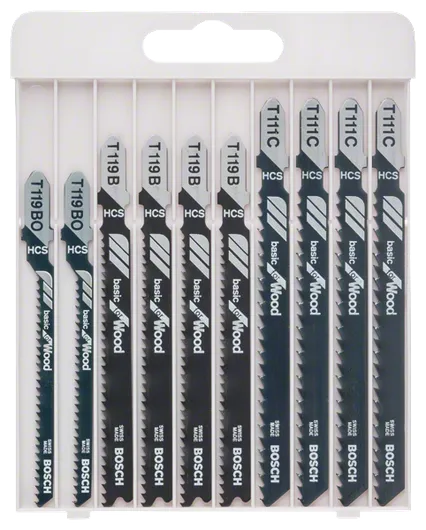 Basic for Wood Jigsaw Blade Set, Cassette, 10-Pieces Bosch 10-piece jigsaw blade set for wood cutting.