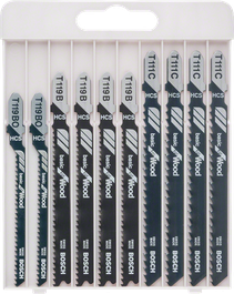 Bosch 10-piece jigsaw blade set for wood cutting.