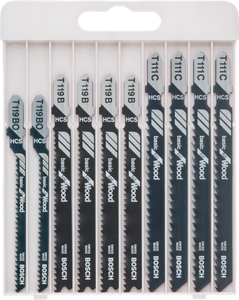 10-piece jigsaw blade set Basic for Wood Bosch 10-piece jigsaw blade set for wood cutting.
