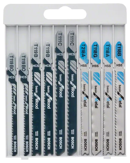Basic for Wood and Metal Jigsaw Blade Set, Cassette, 10-Pieces Bosch 10-piece jigsaw blade set for wood and metal.