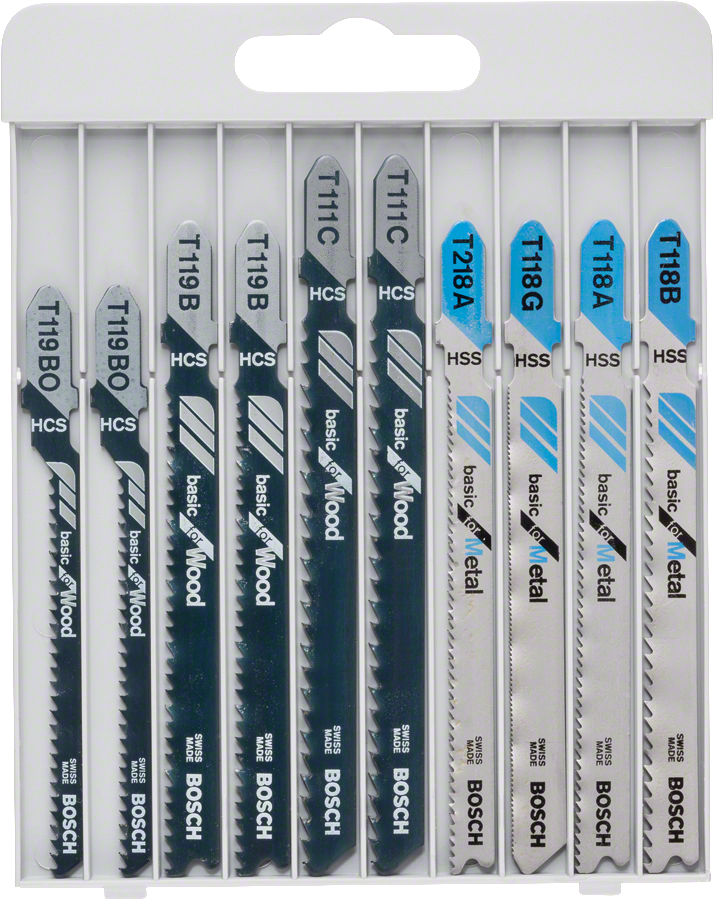 Bosch 10-piece jigsaw blade set for metal and wood.
