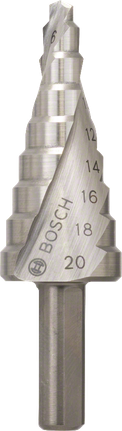 HSS step drill bits Bosch HSS step drill bit, 4-20 mm diameter range.