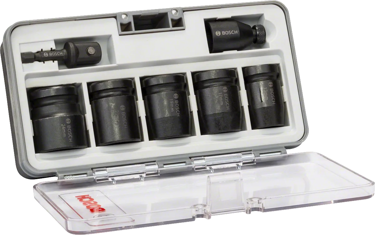 Bosch 7-piece socket set 13-24 mm in case.