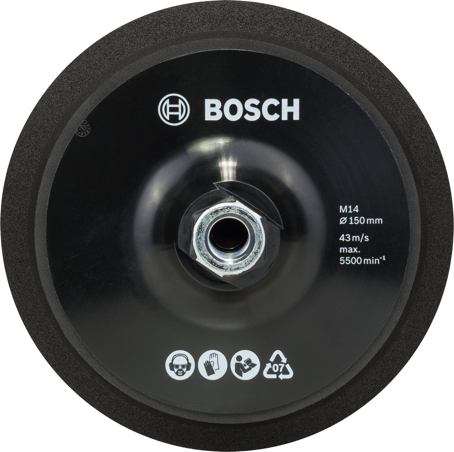 Bosch M14 150mm backing pad with hook-and-loop fastening.