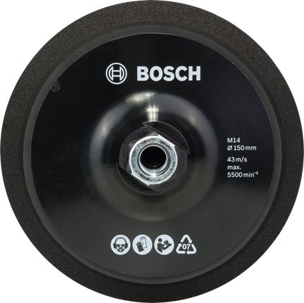 M14 backing pad, 150 mm diameter, with hook-and-loop-type fastening system Bosch M14 150mm backing pad with hook-and-loop fastening.