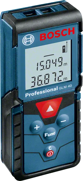 Bosch GLM 40 laser measure, digital distance readings.
