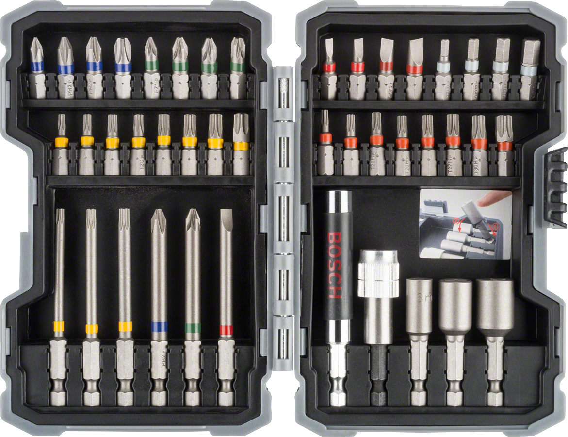 Bosch 43-piece impact screwdriver bit set with color-coded bits.