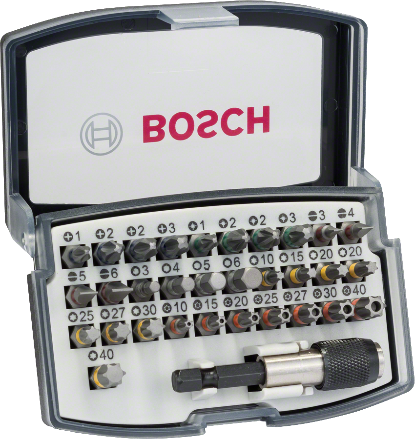 Bosch 32-piece screwdriver bit set with Quick Change Universal Holder.