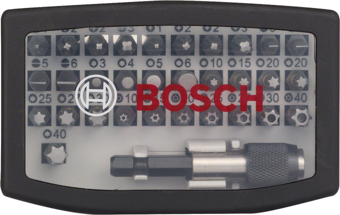 Bosch 31-piece screwdriver bit set with rapid holder.