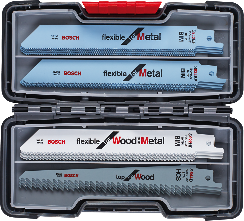 Bosch 20-piece reciprocating saw blade set for wood and metal.