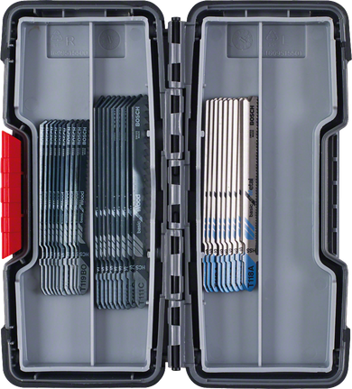 Bosch jigsaw blade set in plastic storage case.
