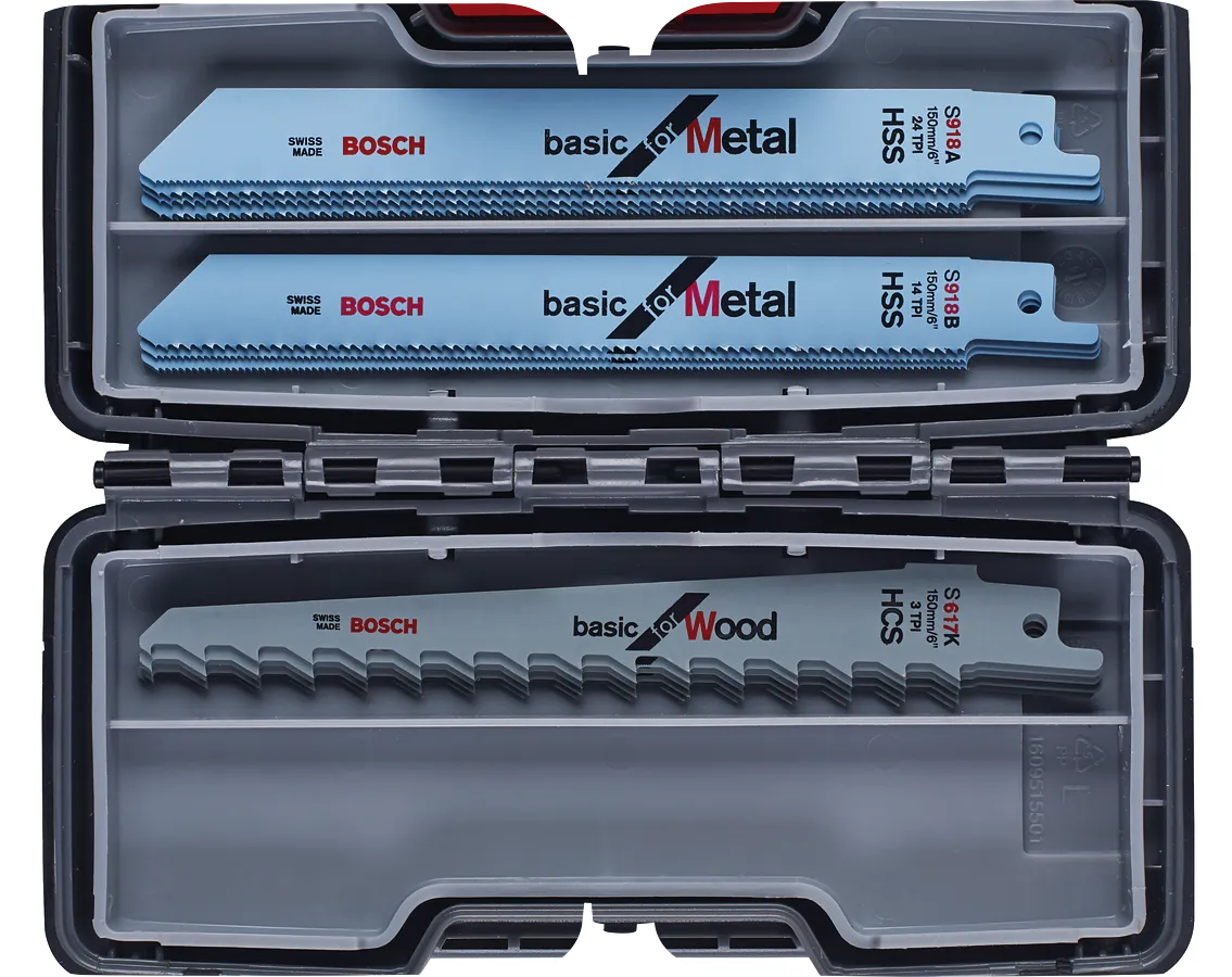 Bosch 15-piece reciprocating saw blade set for wood and metal.