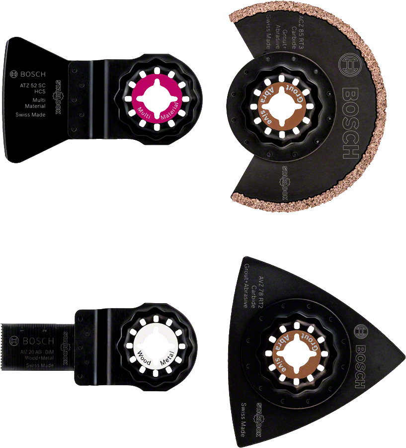 Bosch 4-piece tile accessory set with carbide blades.