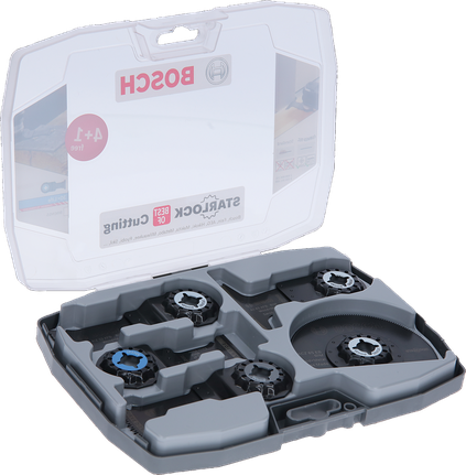 Bosch 5-piece wood and metal multitool cutting set in case.