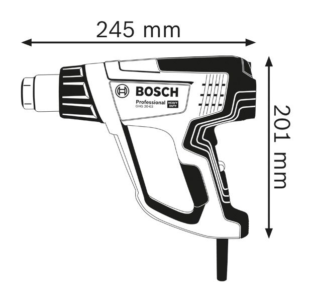 Heat gun dimensions.