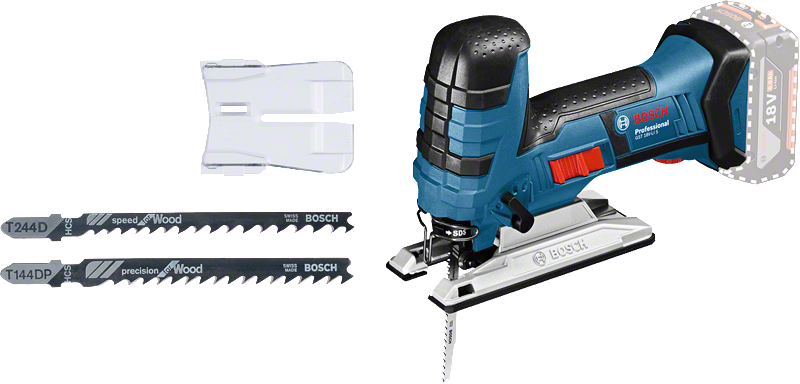 Bosch GST 18 V-LI S cordless jigsaw with wood blades.