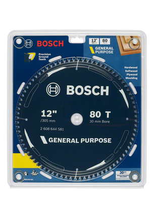 General purpose circular saw blade 12 inch 80 teeth Bosch 12″ 80-tooth general purpose saw blade.