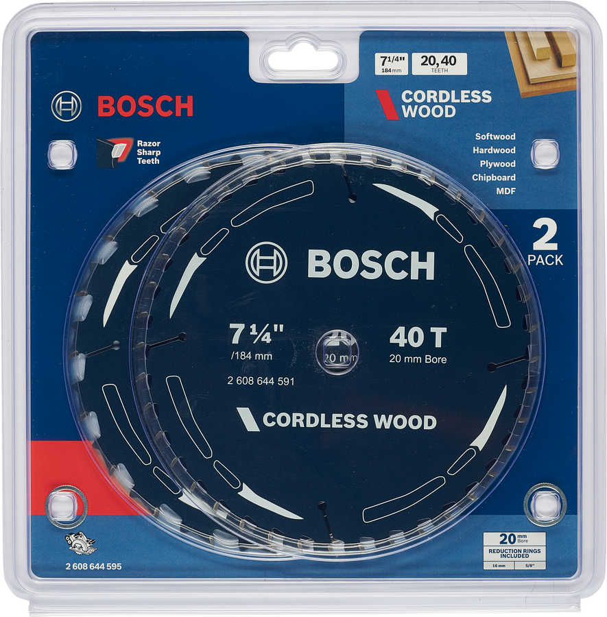 Bosch cordless wood circular saw blade set 7 1/4 inch 20, 40 teeth.