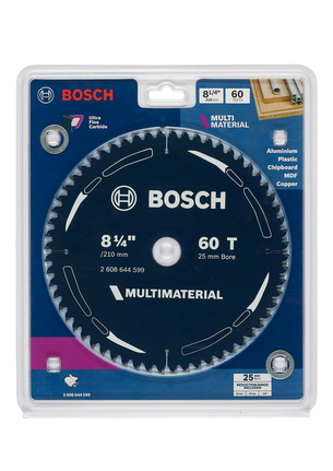 Multi Material circular saw blade 8 1/4 inch 60 teeth Bosch 8 1/4″ 60T Multi Material saw blade.