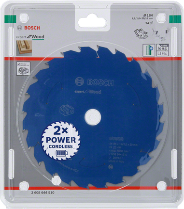 Expert for Wood Circular Saw Blade for Cordless Saws 184x1.6/1x20 T24 Bosch Expert for Wood 184×1.6×20 T24 cordless saw blade.