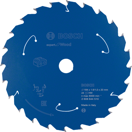 Expert for Wood Circular Saw Blade for Cordless Saws 184x1.6/1x20 T24 Bosch Expert for Wood 184mm 24T circular saw blade.