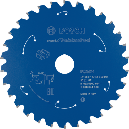 Expert for Stainless Steel Circular Saw Blade for Cordless Saws 136x1.5/1.2x20 T30 Bosch Expert for Stainless Steel circular saw blade, 30 teeth.