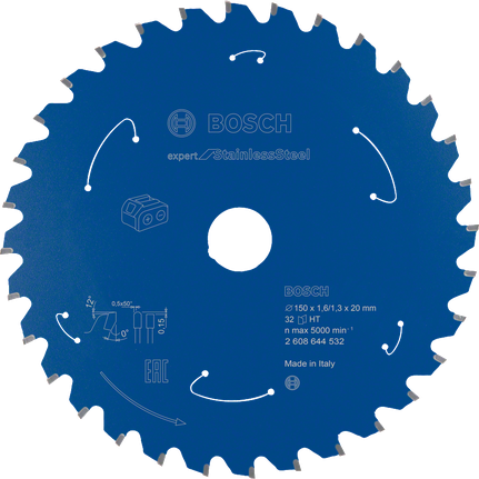 Expert for Stainless Steel Circular Saw Blade for Cordless Saws 150x1.6/1.3x20 T32 Bosch Expert for Stainless Steel circular saw blade 32 teeth.