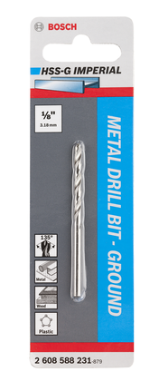 Bosch metal drill bit HSS-G 1/8 inch for metal, wood, and plastic.