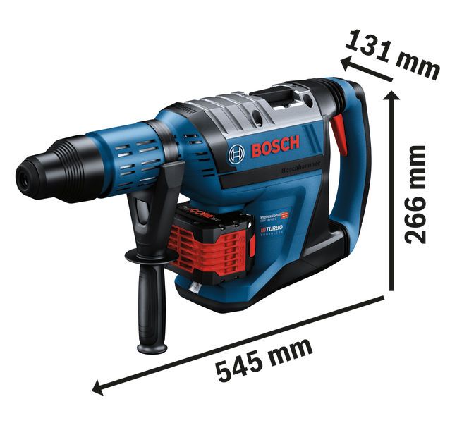 Bosch GBH 18V-45 C cordless rotary hammer, 545 mm length.