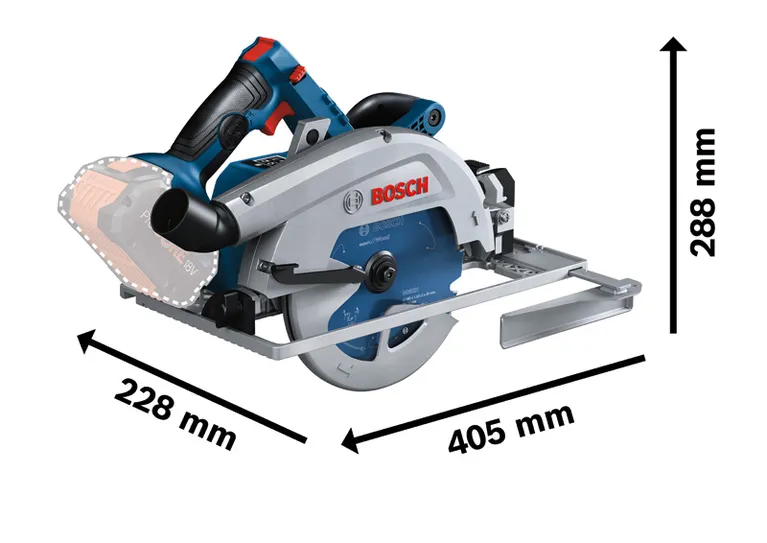 Bosch GKS 18V-68 GC cordless circular saw with dimensions.