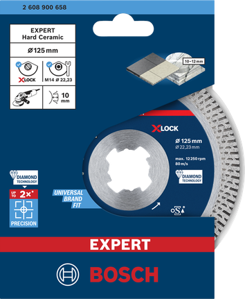 EXPERT HardCeramic X-LOCK Diamond Cutting Disc 125 x 22.23 x 1.4 x 10 mm Bosch EXPERT HardCeramic X-LOCK diamond cutting disc 125×22.23 mm.