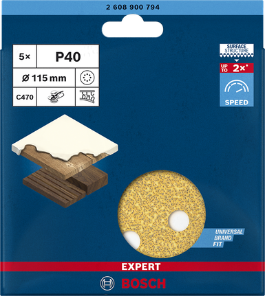 EXPERT C470 Sandpaper with 8 holes for Random Orbital Sanders 115 mm, G 40 5-pc EXPERT C470 Sandpaper with 8 holes for Random Orbital Sanders 115 mm, G 40 5-pc