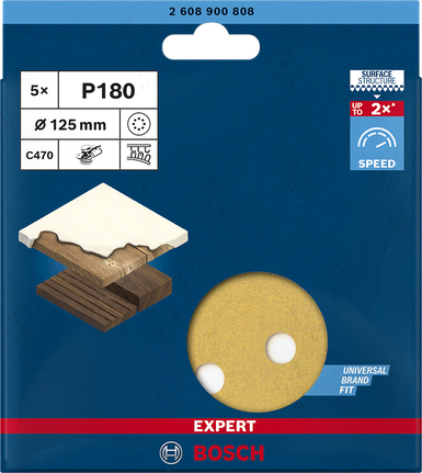 EXPERT C470 Sandpaper with 8 holes for Random Orbital Sanders 125 mm, G 180 5-pc EXPERT C470 Sandpaper with 8 holes for Random Orbital Sanders 125 mm, G 180 5-pc
