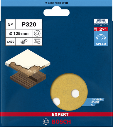 EXPERT C470 Sandpaper with 8 holes for Random Orbital Sanders 125 mm, G 320 5-pc EXPERT C470 Sandpaper with 8 holes for Random Orbital Sanders 125 mm, G 320 5-pc