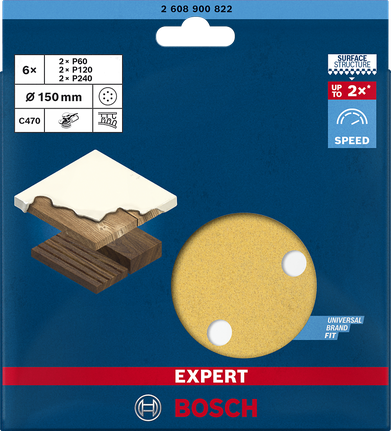 EXPERT C470 Sandpaper Set for Random Orbital Sanders 150 mm, 6 holes, G 60/120/240 6-pc Bosch C470 150 mm sandpaper set 6-piece.
