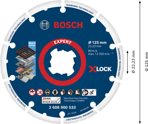 EXPERT Diamond Metal Wheel X-LOCK Cutting Disc 125 x 22.23 mm Bosch Expert X-LOCK diamond cutting disc for multi material.
