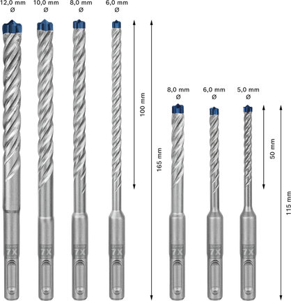EXPERT SDS plus-7X Hammer Drill Bit Set 5/6/6/8/8/10/12 mm 7-pc Bosch EXPERT SDS plus-7X hammer drill bit set 7-piece.