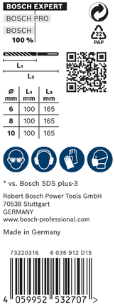 EXPERT SDS plus-7X Hammer Drill Bit Set 6/8/10 mm 3-pc Bosch EXPERT SDS plus-7X 3-pc hammer drill bit set 6/8/10 mm.
