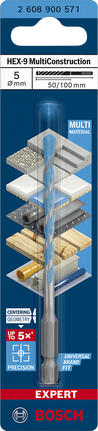 EXPERT HEX-9 MultiConstruction Drill Bit 5 x 50 x 100 mm Bosch HEX-9 MultiConstruction drill bit 5×50×100 mm.